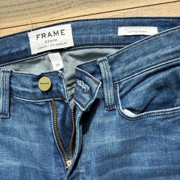 FRAME Denim Le High Flare Jeans Raw Hem Dark Wash Size 24 - Picture 1 of 5
